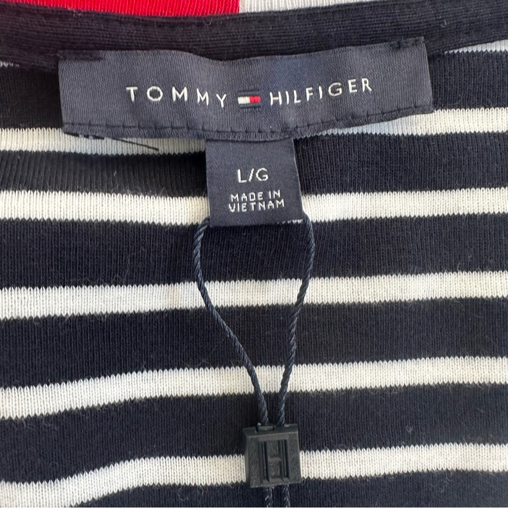 NWT Tommy Hilfiger Black White Striped Knit Red Trim T-shirt V-Neck Dress Size L - Picture 7 of 10